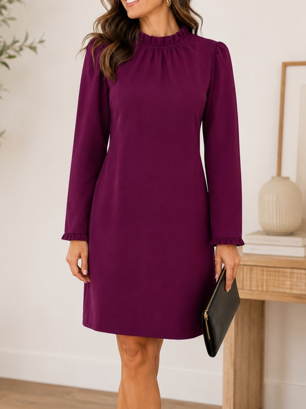J Crew Ruffle Neck Shift Dress burgundy size 4